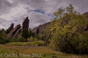 Sentinel Rock on wheelchair-acccessible-with-assistance easy hiking Fountain Valley Trail, Roxborough State Park CO