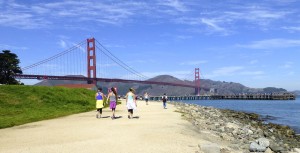 Wheelchair accessible path by Golden Gate Bridge from Crissy Field, San Francisco, CA