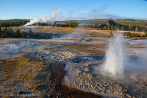 Anenome Geyser, Old Faithful Geyser and Old Faithful Inn, seen from wheelchair accessible boardwalk, Yellowstone National Park, WY